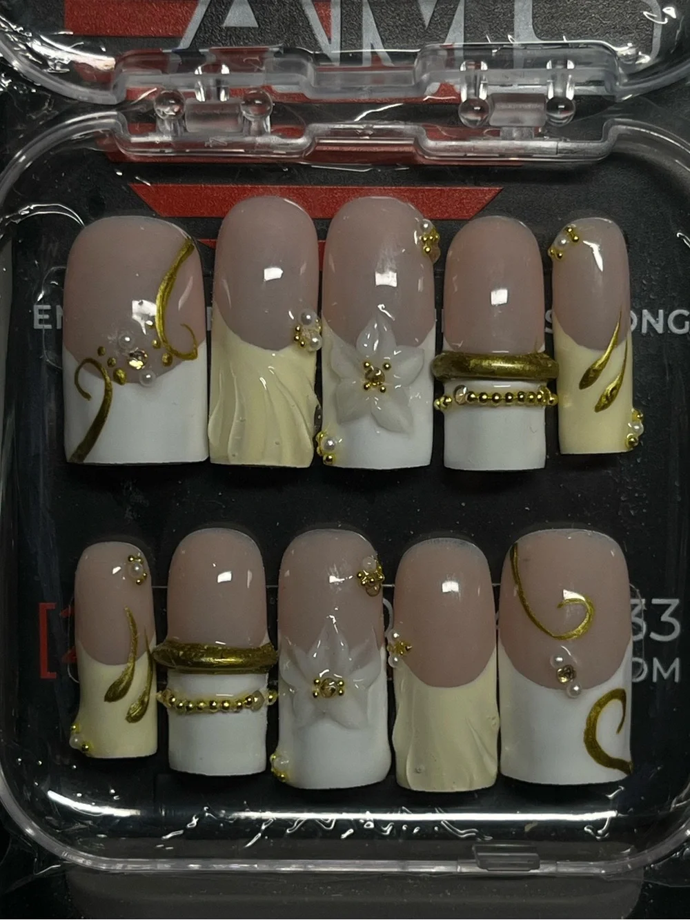Neutral Pink & Cream Press-On Nails with Gold Accents